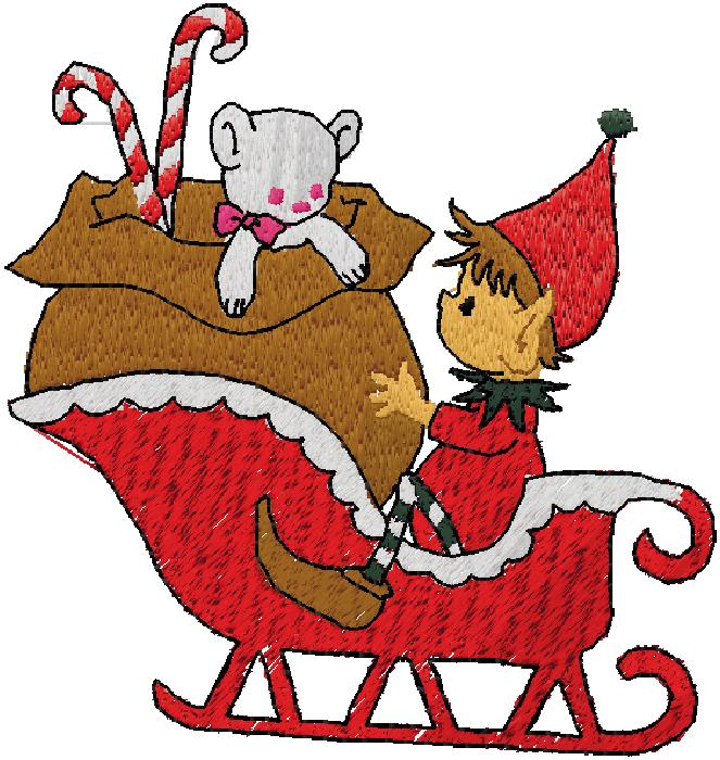 elf and sleigh embroidery Design