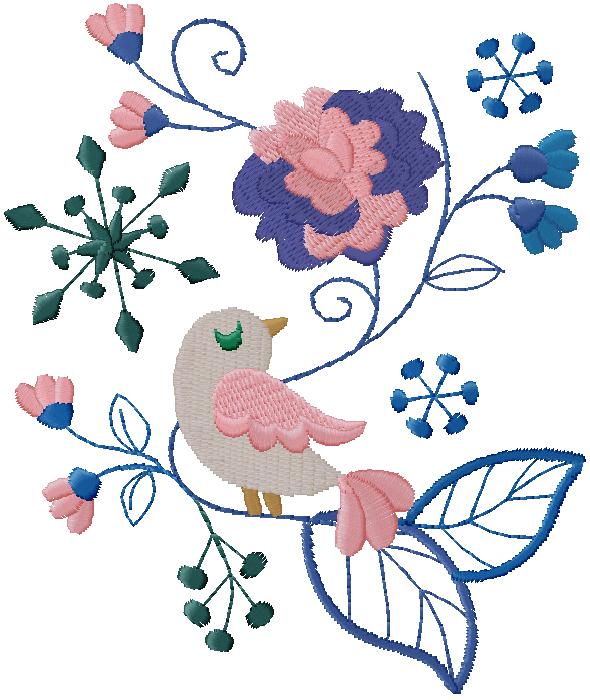 bird with flowers embroidery design