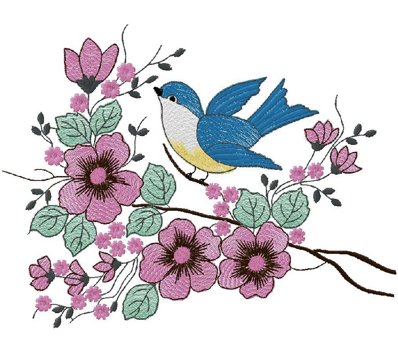 bird with flowers embroidery design