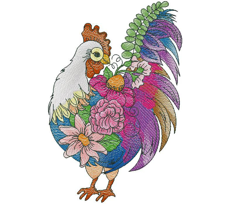 floral rooster embroidery design