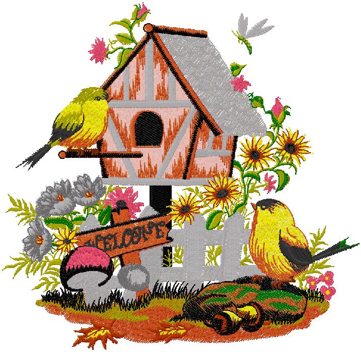 Bird house embroidery design