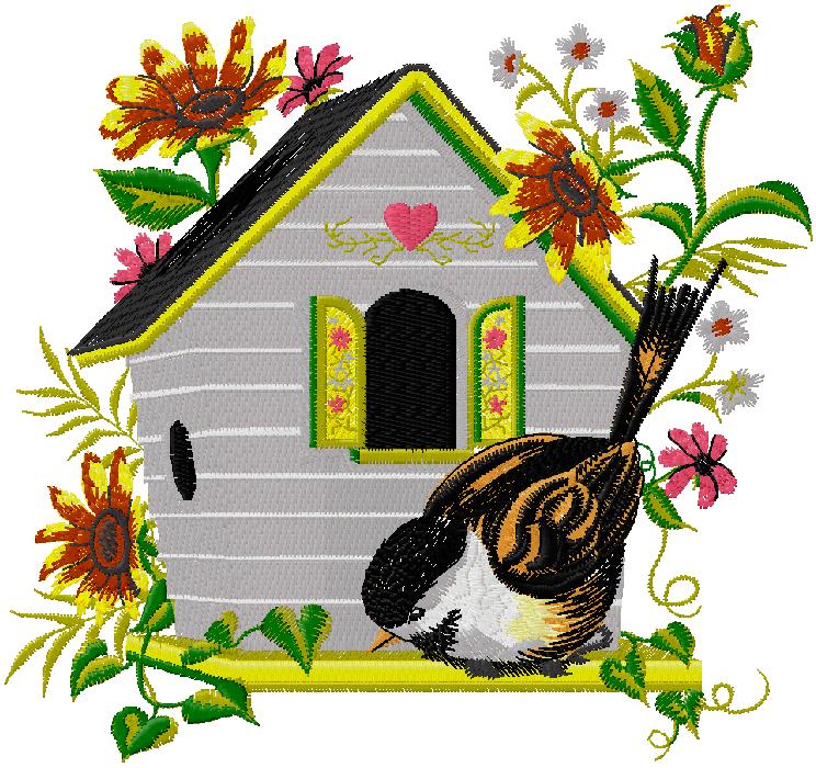 bird home embroidery design