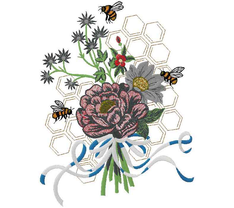 flowers with bees embroidery design