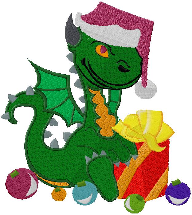 Cute green dragon with gifts embroidery design