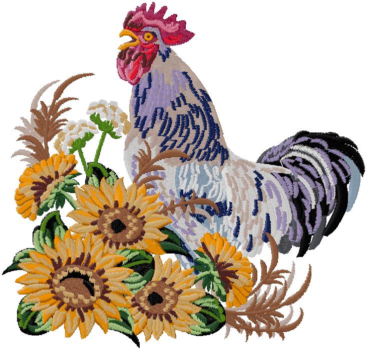 Rooster with flowers embroidery design