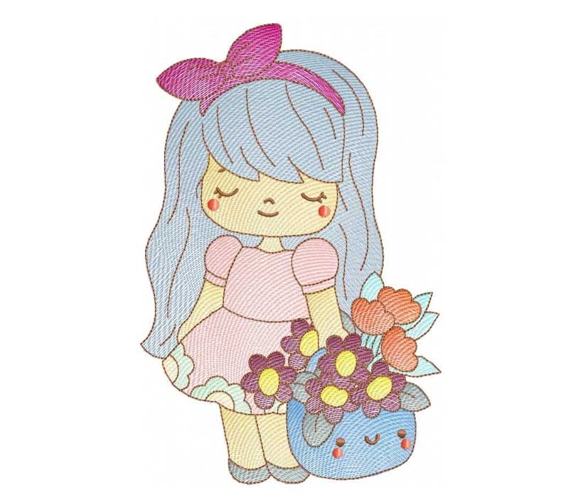 cute girl with flowers embroidery design