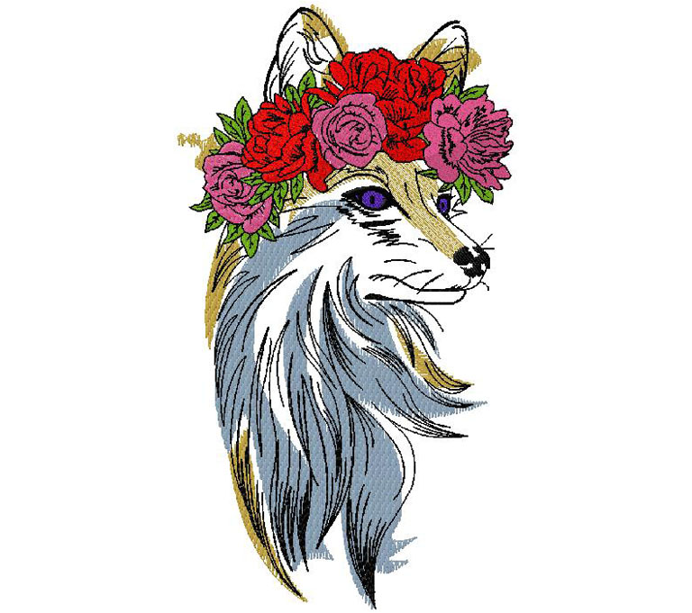 Fox with flowers embroidery design