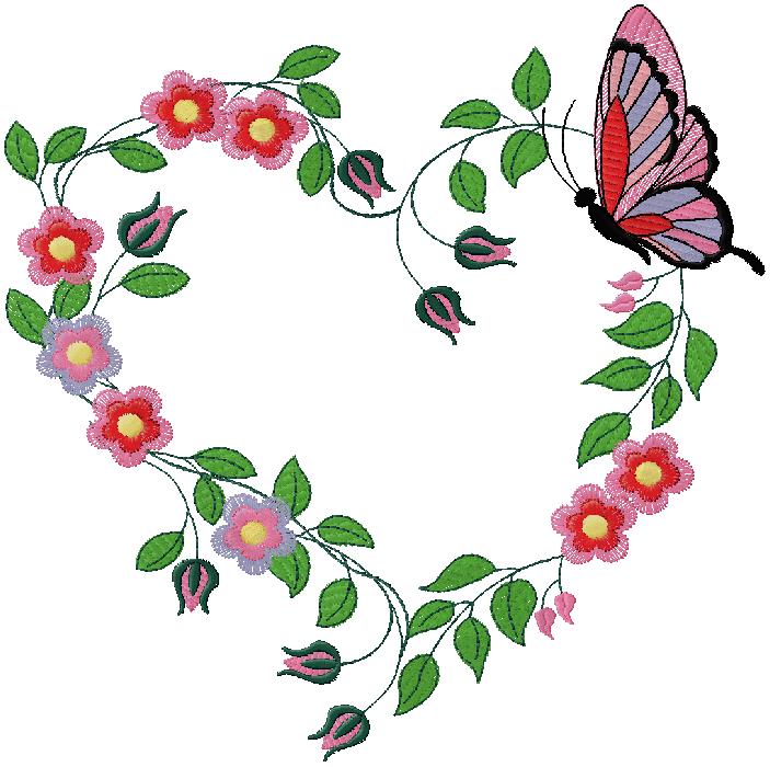 floral heart with butterfly embroidery design