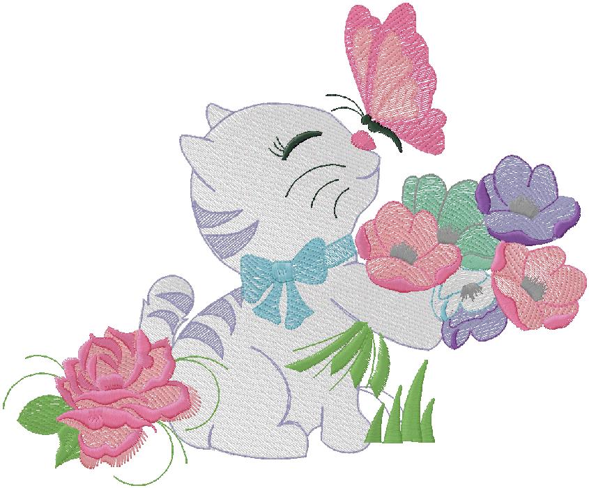 cute cat wih flowers embroidery design