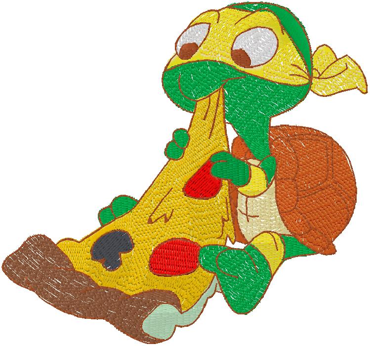 Turtle Eating Pizza- embroidery design