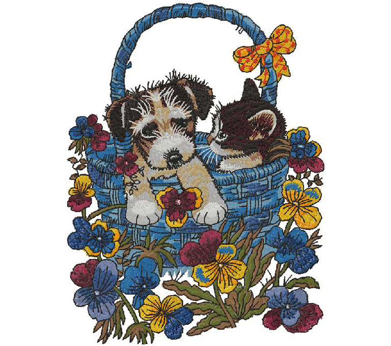 puppy and cat with flowers - embroidery design