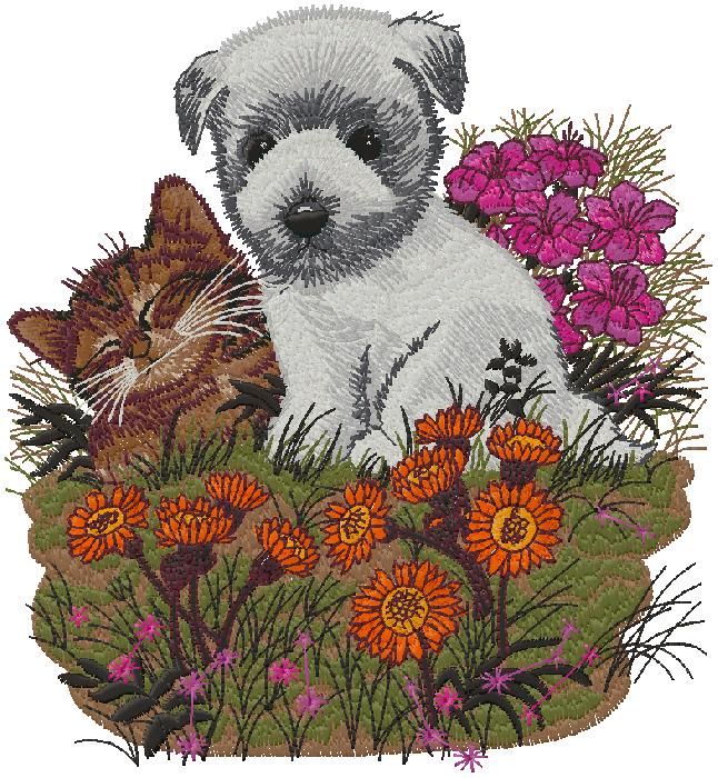 cute dog with cat embroidery design