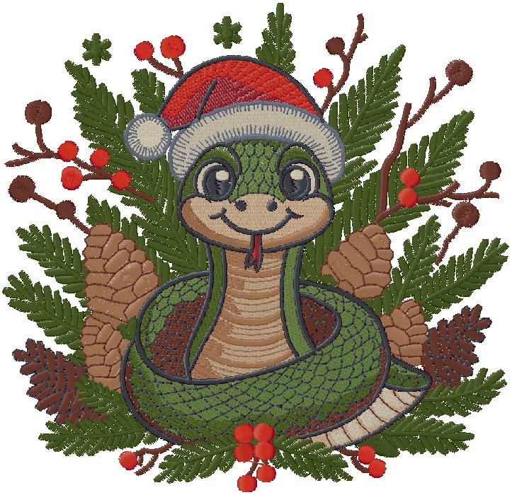 green snake wearing a Santa hat embroidery design