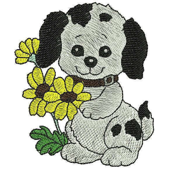 puppy with flowers embroidery design